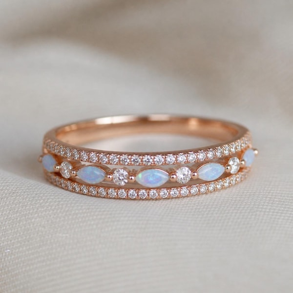 Anillo de ópalo en oro rosa de 14 quilates: alianza de boda marquesa estilo art déco, a juego con la piedra natal de octubre.