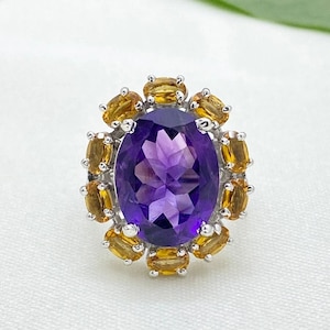 14K Gold Art Deco Amethyst Ring: Oval Purple Gemstone