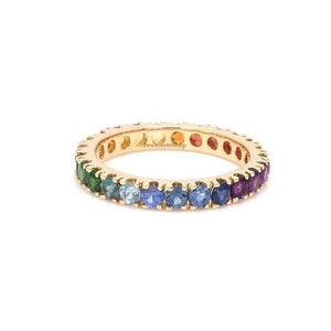 Natural Multi Sapphire Band Ring, 14K Gold Rainbow Sapphire Ring, Wedding Band Ring, Real Sapphire Birthstone Ring, Full Eternity Band Ring