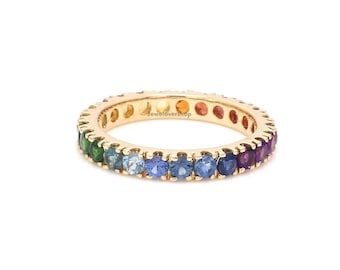 14K Gold Rainbow Sapphire Ring: Full Eternity Wedding Band, Gift For Her