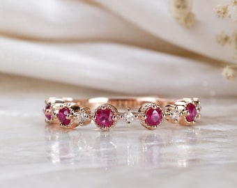 14K Gold Ruby and Diamond Ring: Vintage Half Eternity Band July Birthstone Wedding Ring