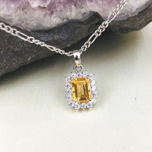 14K Gold Citrine Pendant Necklace: Emerald Cut November Birthstone