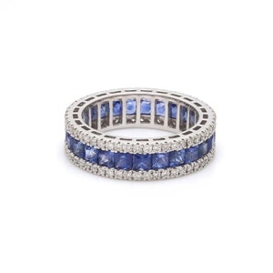 Anniversary Band Blue Sapphire Moissanite Wedding Band Shared Prong Full Eternity Stacking Matching Bands 14K White Gold Best Christmas Gift