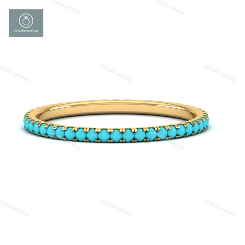 Turquoise Gemstone Ring, Full Micro Pave Band, 14K Solid Gold Eternity Band Ring, Real Turquoise Gemstone Ring, Stackable Dainty Band Ring image 9