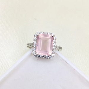 Rose Quartz Engagement Ring Emerald Cut Vintage Rose Gold Cluster Ring Bridal Ring Promise Ring Anniversary Ring Birthstone Ring For Her