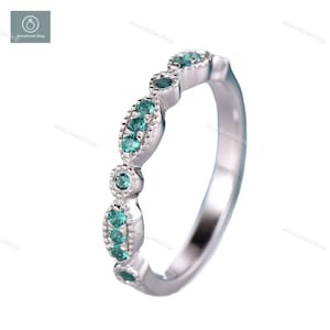 Emerald Wedding Band 14K White Gold Womens Band Art Deco Vintage Band Matching Band Stacking Band Natural Emerald Ring 925 Sterling Silver
