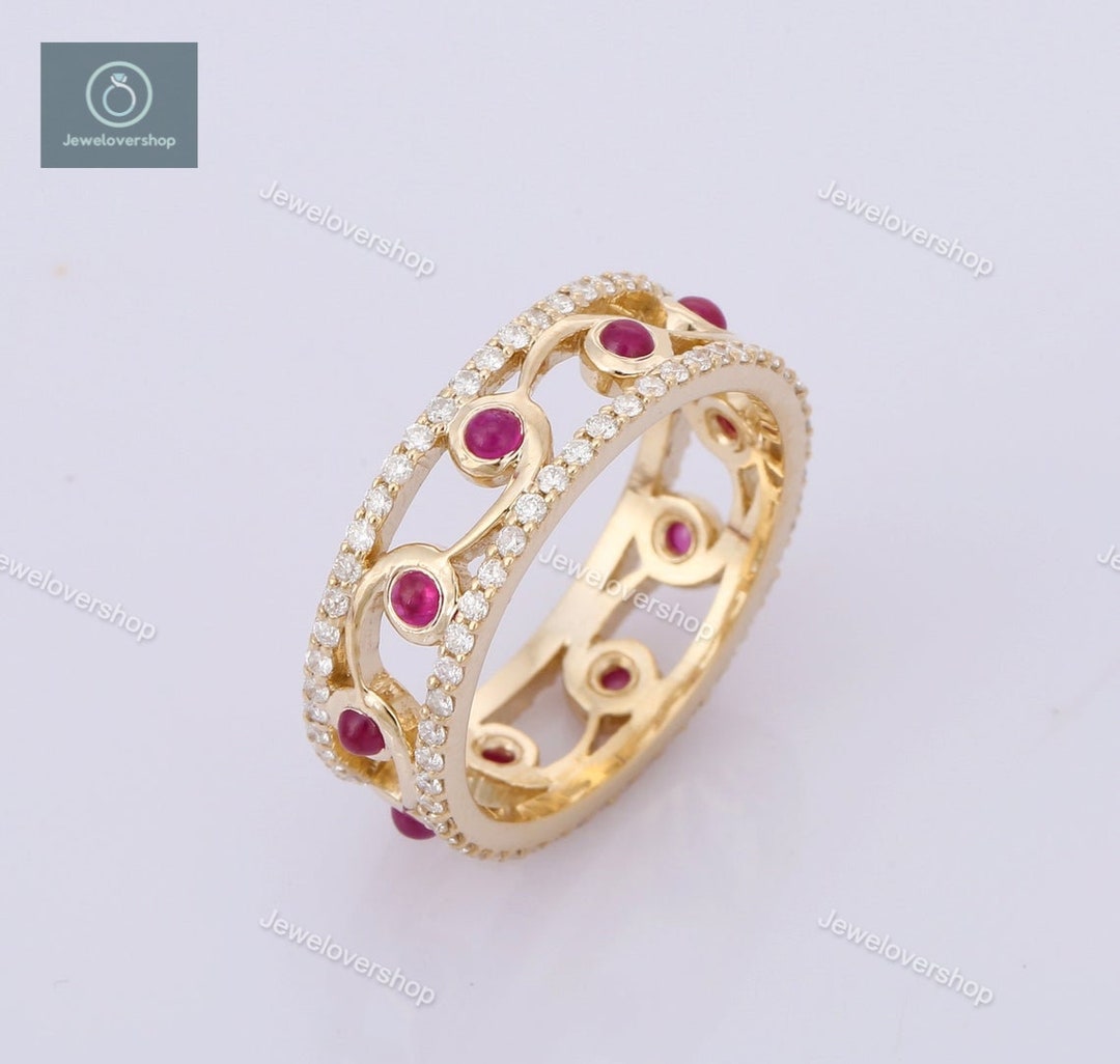 14K Gold Ruby Diamond Eternity Band Ring - Art Deco Wedding Ring - Etsy