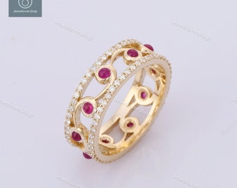 14K Gold Ruby Diamond Eternity Band Ring - Art Deco Wedding Ring