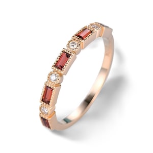 Baguette Garnet Band, Garnet Wedding Ring, 14K Gold Band, January Birthstone, Stackable Ring, Matching Band, Garnet Half Eternity Ring