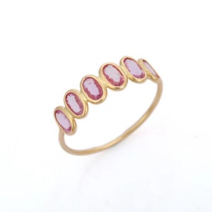 Pink Sapphire 14K Gold Wedding Band: Dainty Art Deco Stacking Ring