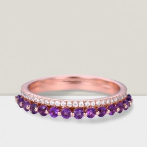 14K Gold Amethyst Wedding Ring Set: Art Deco Half Eternity Band
