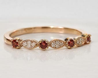 Natural Garnet Wedding Band: 14k Rose Gold Half Eternity Promise Ring For Her