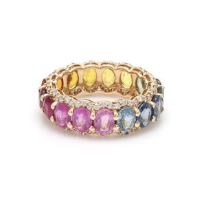Multicolor Rainbow Sapphire Gemstone Bezel Eternity Band 18K Yellow Gold Ring