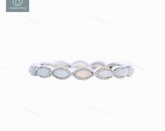 14K White Gold Opal Eternity Band Ring: Art Deco Marquise Ring Wedding Gift