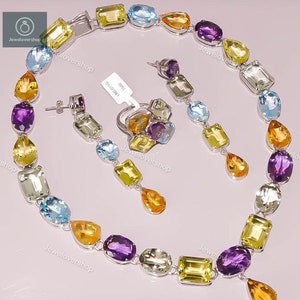 Multi Tourmaline 925 Sterling Silver Jewelry Set: Art Deco Bridal Wedding Jewelry