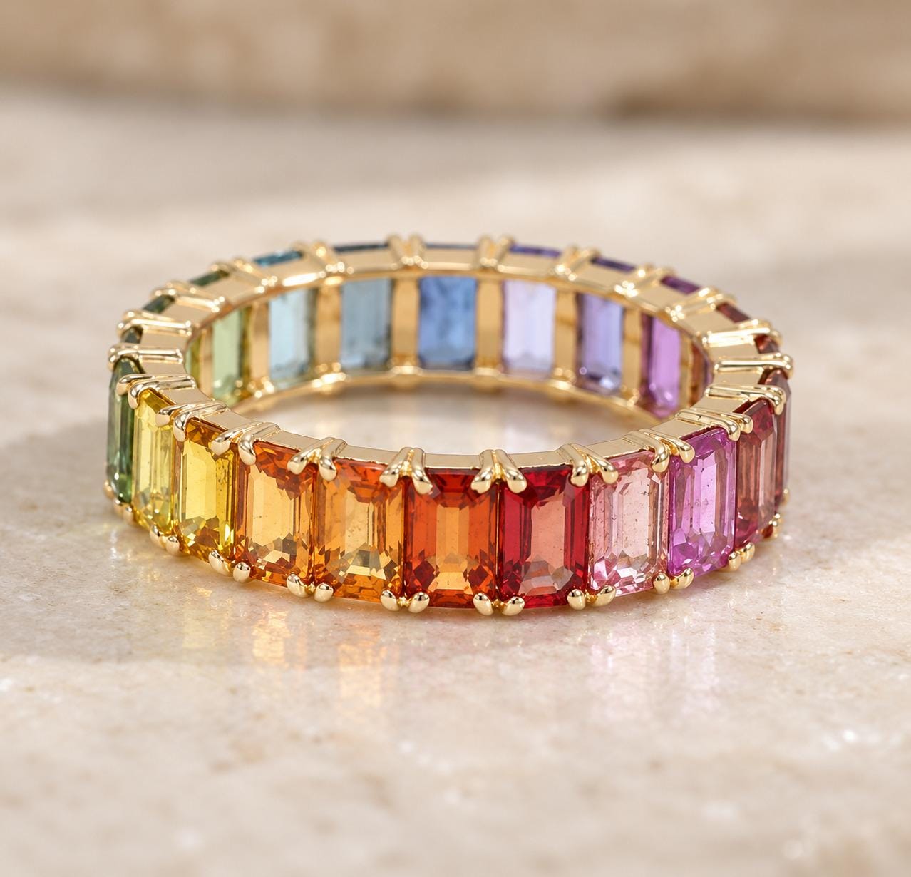 14K Gold Multi Sapphire Eternity Band Ring: Emerald Cut Gemstone,…