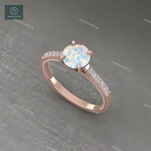Rose Gold White Fire Opal Ring 14K Sterling Silver Women Engagement Ring Wedding Band October Birthstone Ring For Women Statement Bridal Set