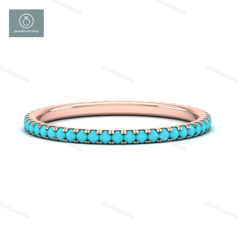 Turquoise Gemstone Ring, Full Micro Pave Band, 14K Solid Gold Eternity Band Ring, Real Turquoise Gemstone Ring, Stackable Dainty Band Ring image 1
