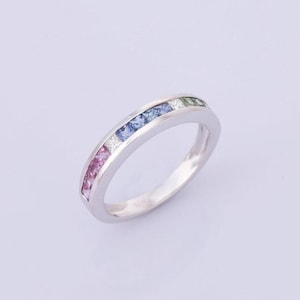14K White Gold Sapphire Wedding Band: Rainbow Gemstone Ring