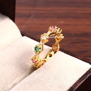 Natural Multi Tourmaline Ring, Round Shape, Gemstone Band Ring, 14K Yellow Gold Ring, Eternity Wedding Band, Gift For Girls, Christmas Gift