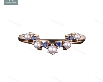 Pearl and Sapphire 14K Rose Gold Wedding Band: Art Deco Chevron Ring