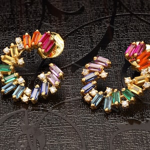 Rainbow sapphire emerald ruby diamond hoop earrings in 14k 18k gold | Natural rainbow baguette cut gemstone huggie earrings stud gold gift