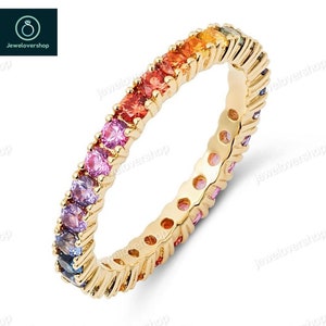 14K Gold Rainbow Sapphire Eternity Band: Art Deco Anniversary Ring