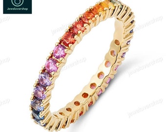 Rainbow Gemstone Ring, Natural Multi Sapphire Band, 14K Solid Gold Stack Eternity Band Ring, Real Colored Gemstone Ring, Anniversary Ring