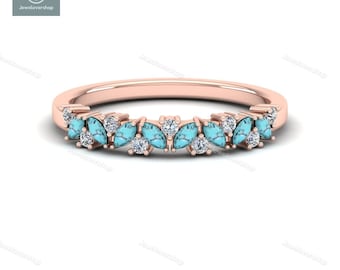 14K Gold Turquoise Diamond Band, Turquoise Engagement Ring, Silver Turquoise Ring, Half Eternity Band, Turquoise Anniversary Ring, Gold Ring