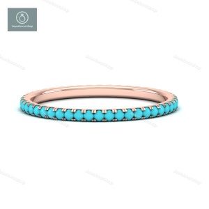 Turquoise Gemstone Ring, Full Micro Pave Band, 14K Solid Gold Eternity Band Ring, Real Turquoise Gemstone Ring, Stackable Dainty Band Ring image 7