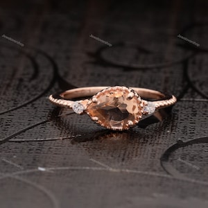 Peach Morganite Pear Cut Engagement Ring 14K Rose Gold Art Deco Morganite Ring Dainty Morganite Ring Rose Gold Plated Jewelry For Womens