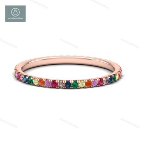 14K Solid Gold Rainbow Sapphire Eternity Band Ring: Art Deco Stackable Ring