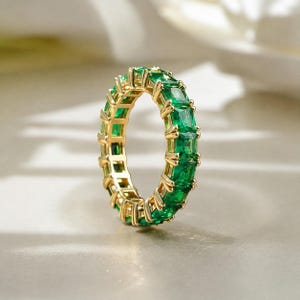 Dainty Emerald Full Eternity Band: 14K Gold Green Gemstone Stacking Wedding Ring Women Gift