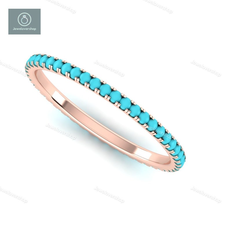 Turquoise Gemstone Ring, Full Micro Pave Band, 14K Solid Gold Eternity Band Ring, Real Turquoise Gemstone Ring, Stackable Dainty Band Ring image 5