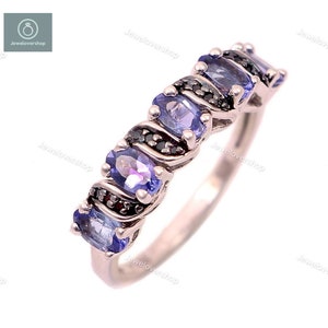 Blue Tanzanite Bridal Ring, Platinum Plated Sterling Silver Ring, Tanzanite Wedding Ring, Tanzanite Engagement Ring, December Birthstone
