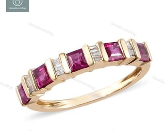 14K Gold Ruby Diamond Band Ring: Art Deco July Birthstone