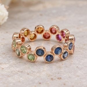 14K Gold Ombré Rainbow Sapphire Eternity Band: Natural Multi-Sapphire Wedding Ring For Her