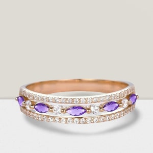 Marquise Amethyst Wedding Band Round Shaped Moissanite Wedding Band Amethyst Stacking Ring Rose Gold Ring For Women Personalized Jewelry