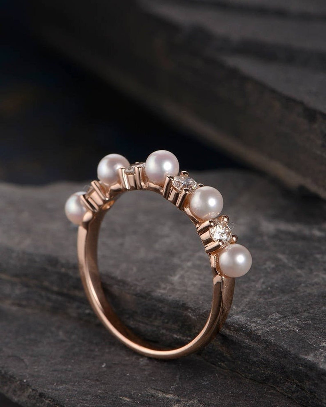 Natural Pearl Ring Pearl Engagement Ring Half Eternity Band Etsy
