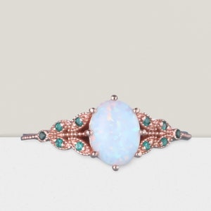 Opal Engagement Ring: 14K Rose Gold Emerald Art Deco Bridal Ring