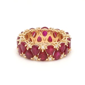 Ruby Wedding Band, 14K Gold Diamond Ruby Ring With Micro Pave Setting, Ruby Anniversary Band, Genuine Ruby Ring, July Birthstone Ring
