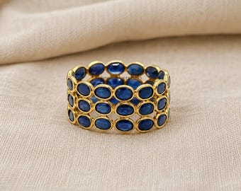 Real Blue Sapphire Eternity Band: 14K Yellow Gold Stacking Minimalist Wedding Ring September Birthstone