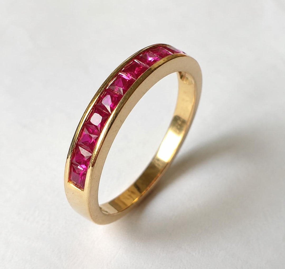 14K Gold Ruby Half Eternity Band: Princess Cut Gemstone Stacking Ring ...