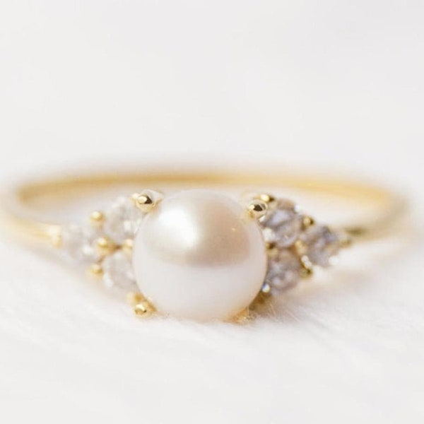 14K Yellow Gold Natural Pearl Ring: Art Deco Diamond Engagement Ring, June Birthstone Jewelry