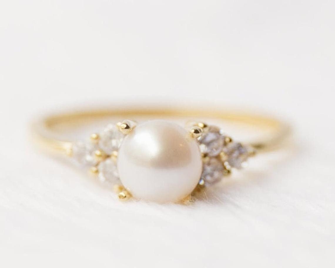 14K Rose Gold Ring Pearl Engagement Ring June Birthstone | Etsy