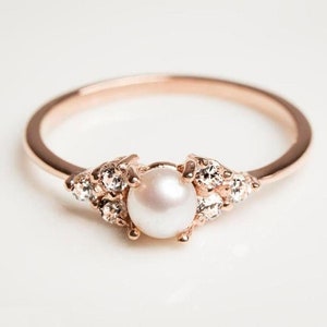14K Rose Gold Ring Pearl Engagement Ring June Birthstone - Etsy