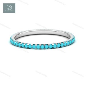 Turquoise Gemstone Ring, Full Micro Pave Band, 14K Solid Gold Eternity Band Ring, Real Turquoise Gemstone Ring, Stackable Dainty Band Ring image 8