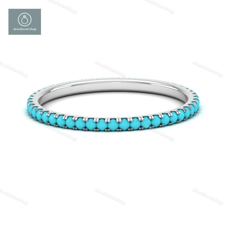 Turquoise Gemstone Ring, Full Micro Pave Band, 14K Solid Gold Eternity Band Ring, Real Turquoise Gemstone Ring, Stackable Dainty Band Ring image 2