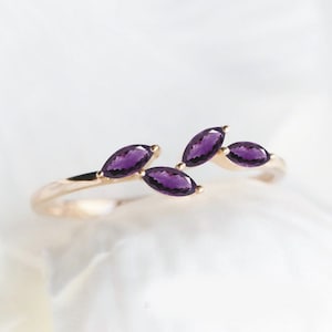 Unique amethyst wedding band rose gold dainty marquise ring half eternity matching stacking ring anniversary gift antique amethyst band ring