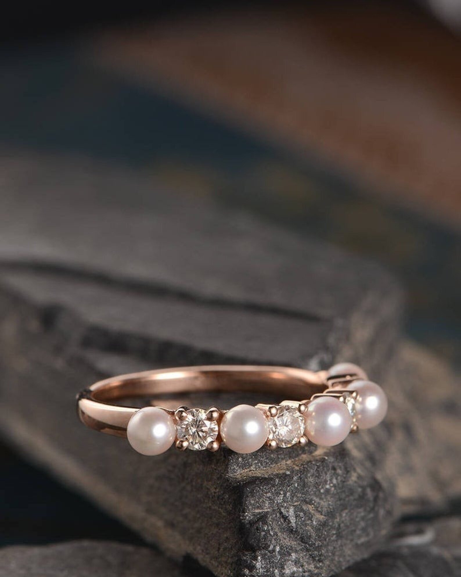 Natural Pearl Ring Pearl Engagement Ring Half Eternity Band Etsy